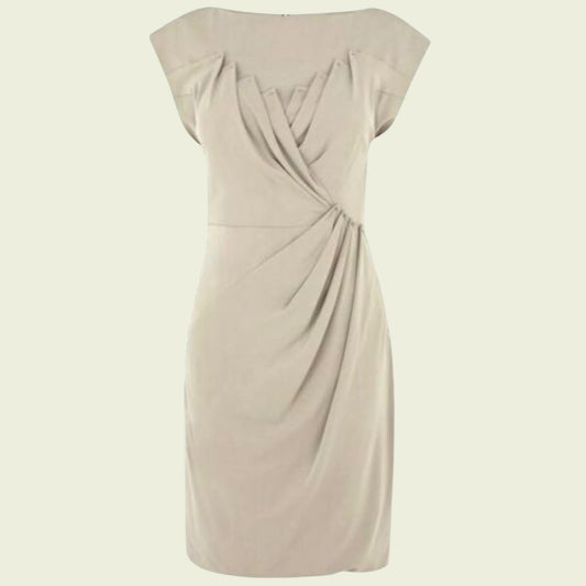 Beige dress with a draped design on a light beige background