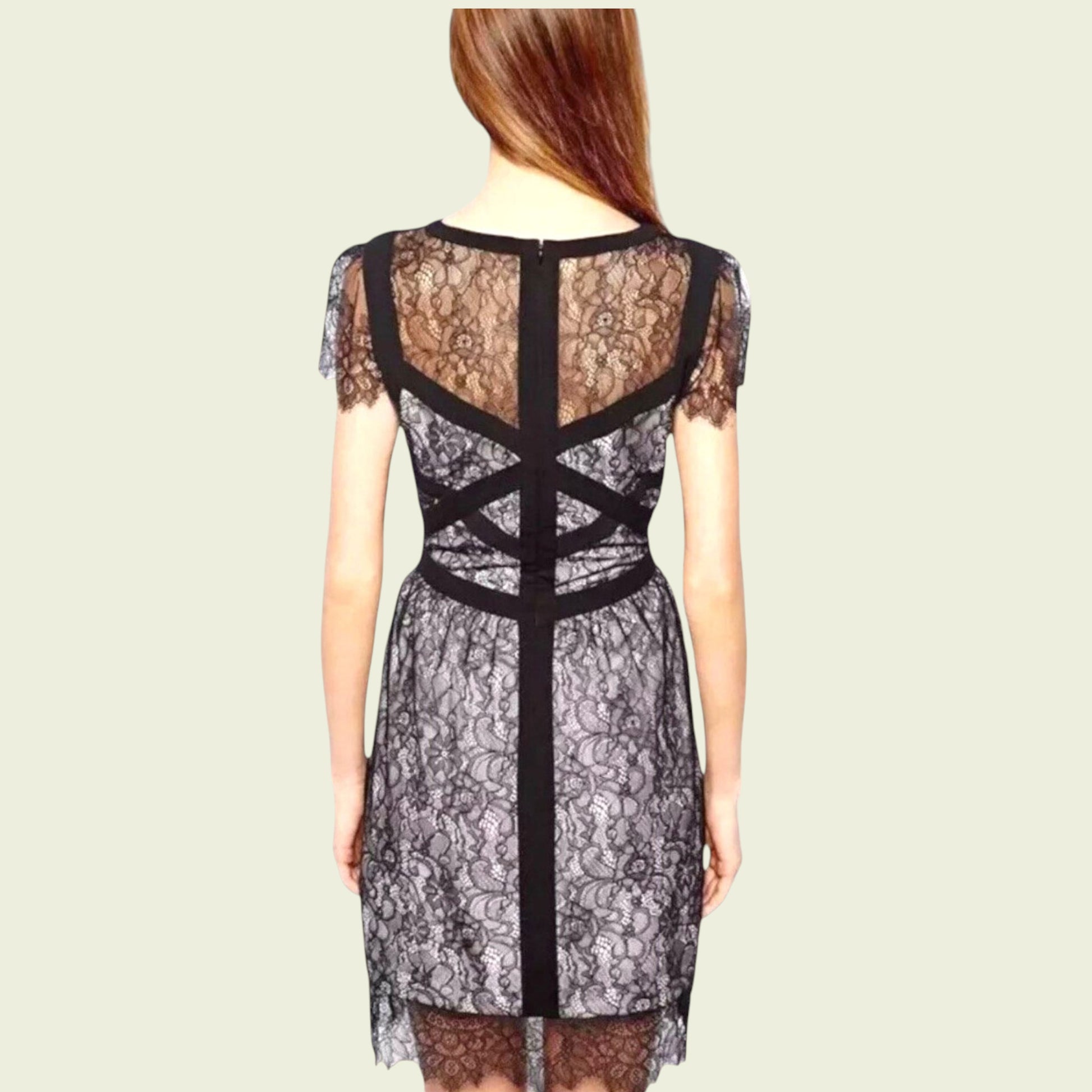 Black lace dress with sheer back on a plain background