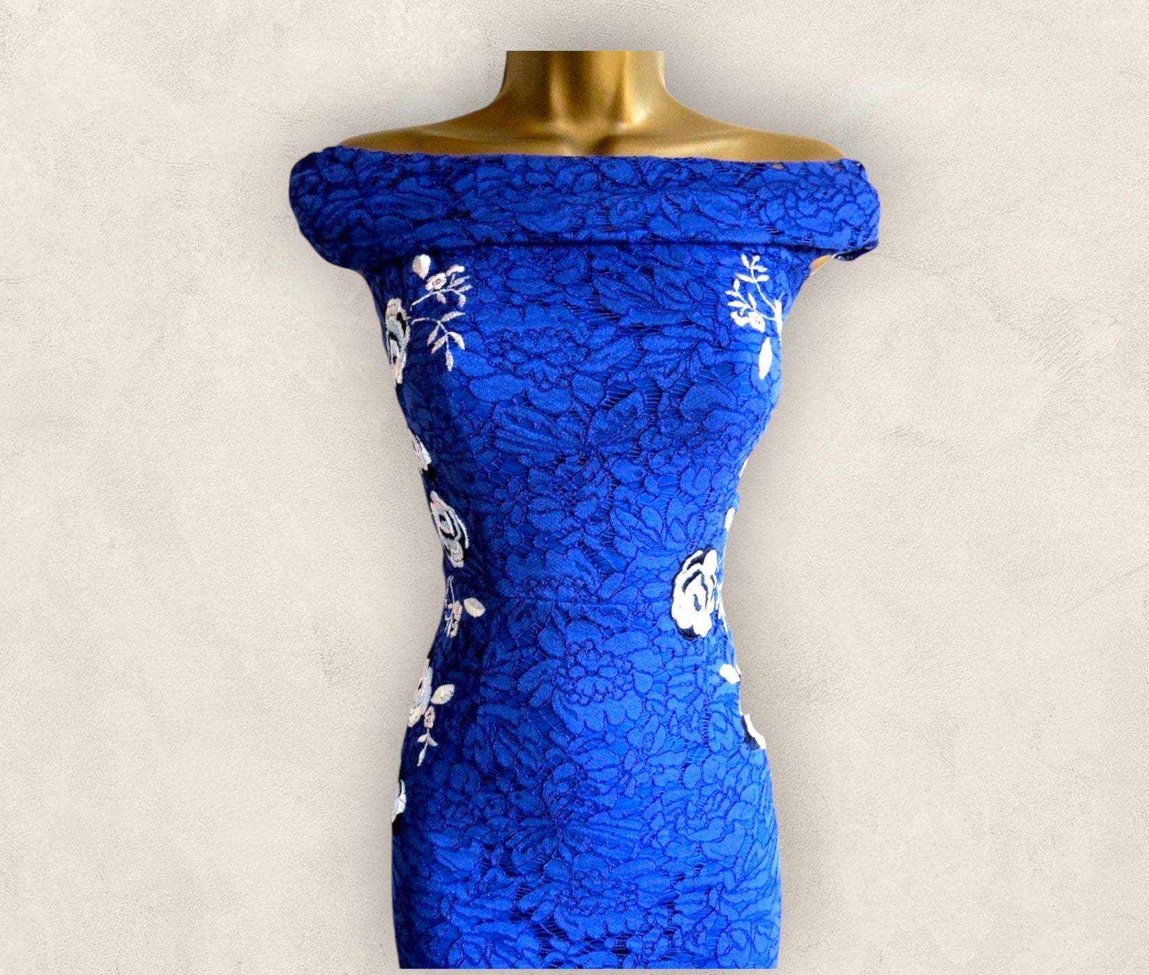 Coast Justina Royal Blue Lace Bardot Pencil Dress UK 10 US 6 EU 38 Timeless Fashions