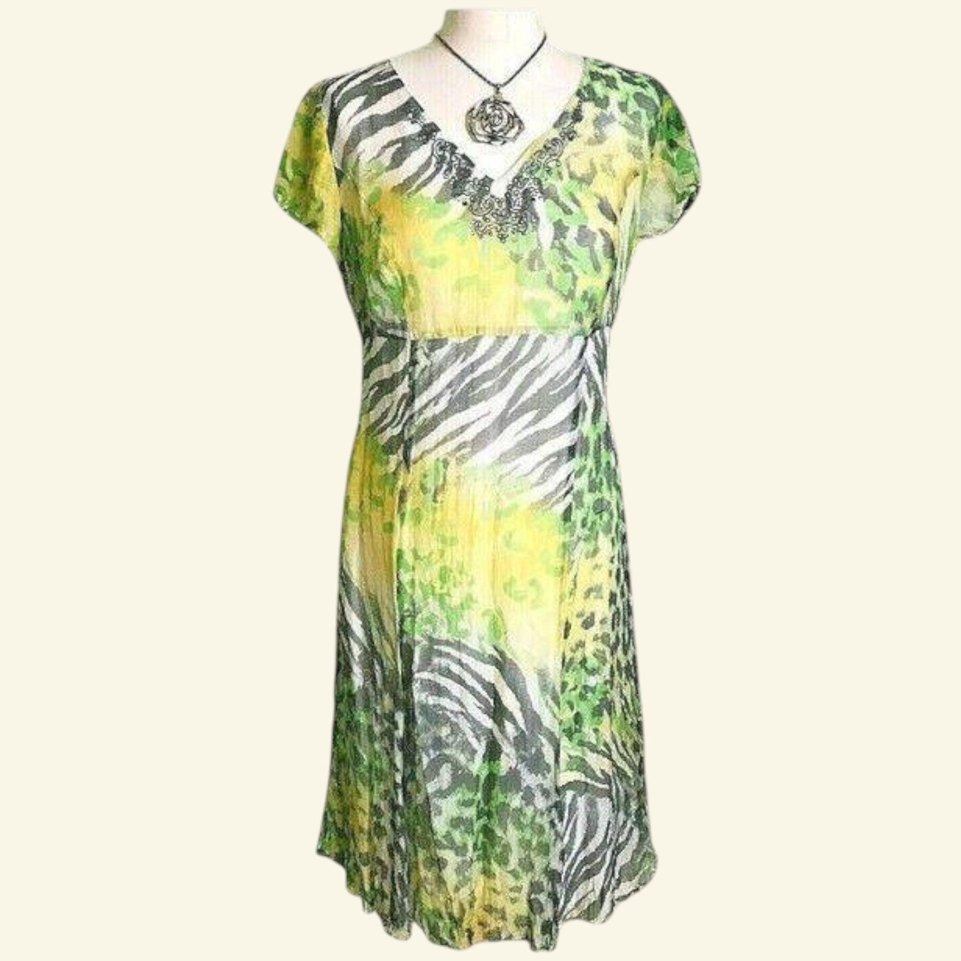 Gerry Weber Grey Lemon Embroidered Beaded Silk Empire Dress UK 18 US 14 EU 46 - Timelessfashions