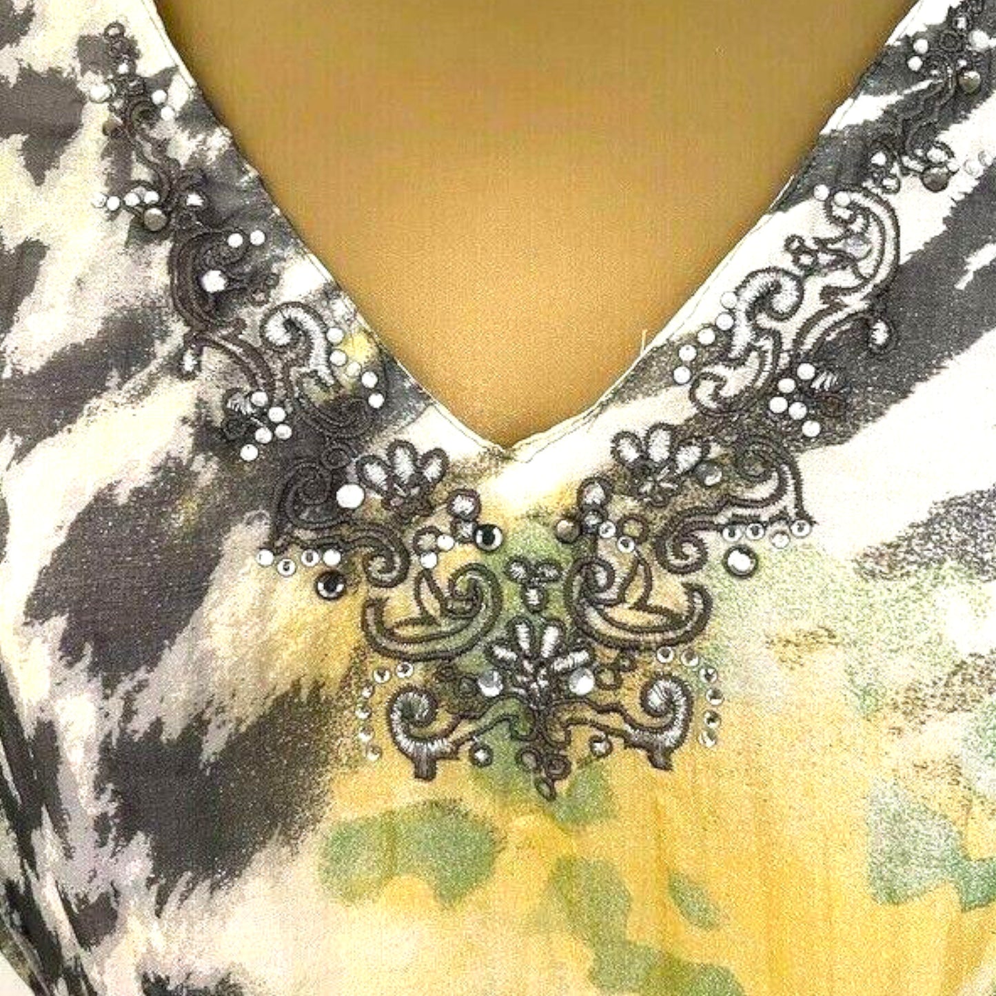 Gerry Weber Grey Lemon Embroidered Beaded Silk Empire Dress UK 18 US 14 EU 46 - Timelessfashions