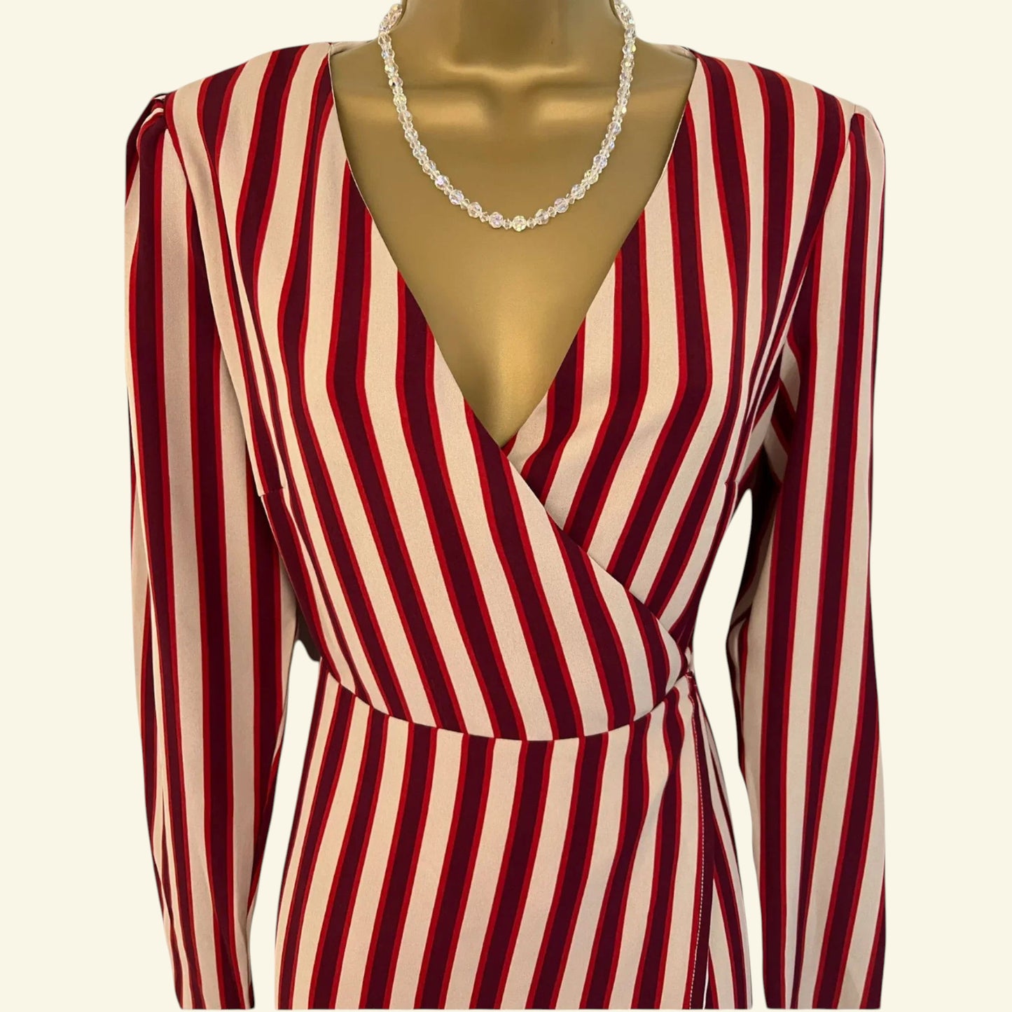 Glamorous Berry Red & Cream Striped Long Sleeve Wrap Dress UK 10 US 8 EU 38 - Timelessfashions