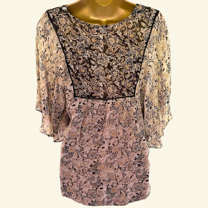 Zara Black & Cream Sheer Chiffon Floral Top Size M UK 12 US 8 EU 40 - Timelessfashions