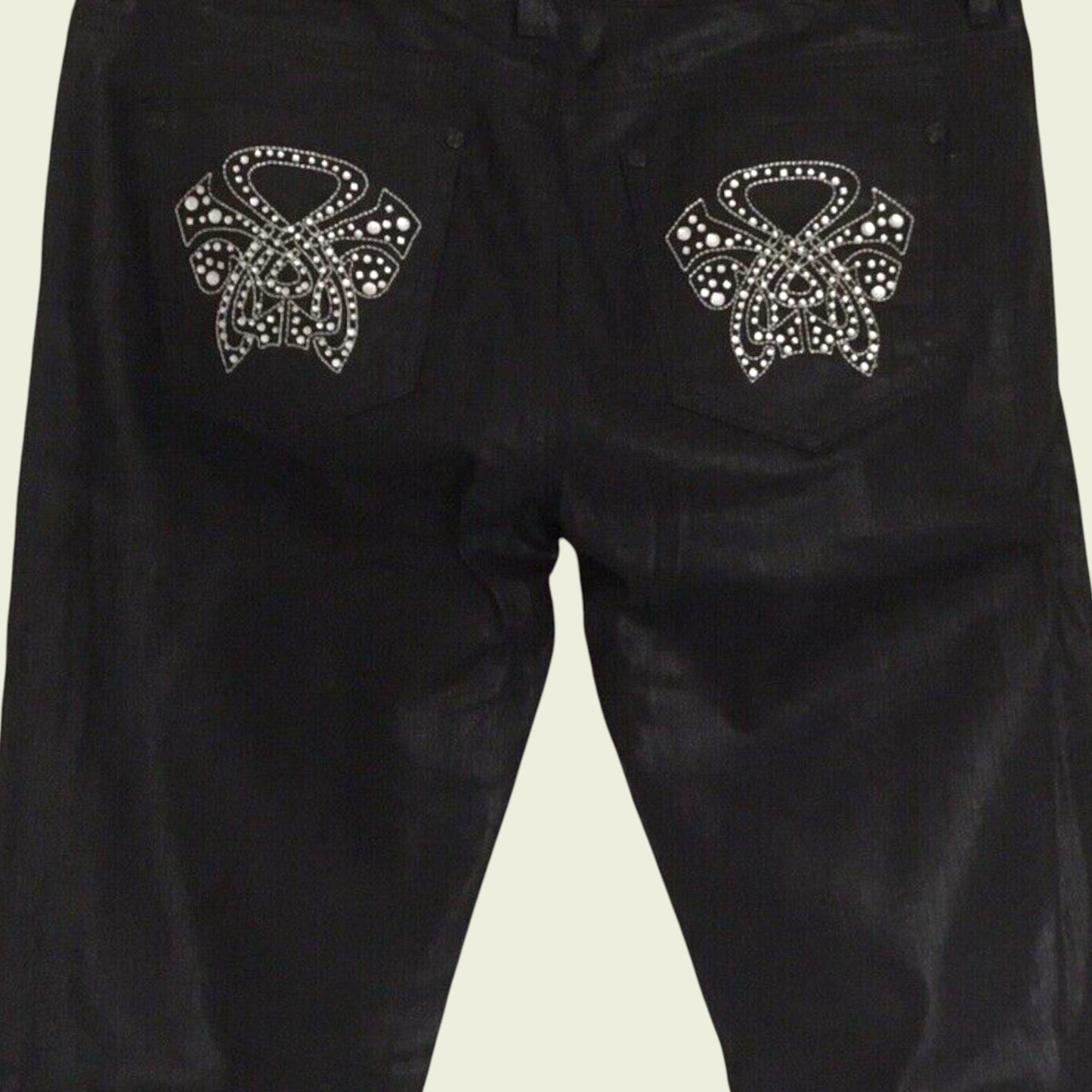 Rhinestone pockets on black jeans