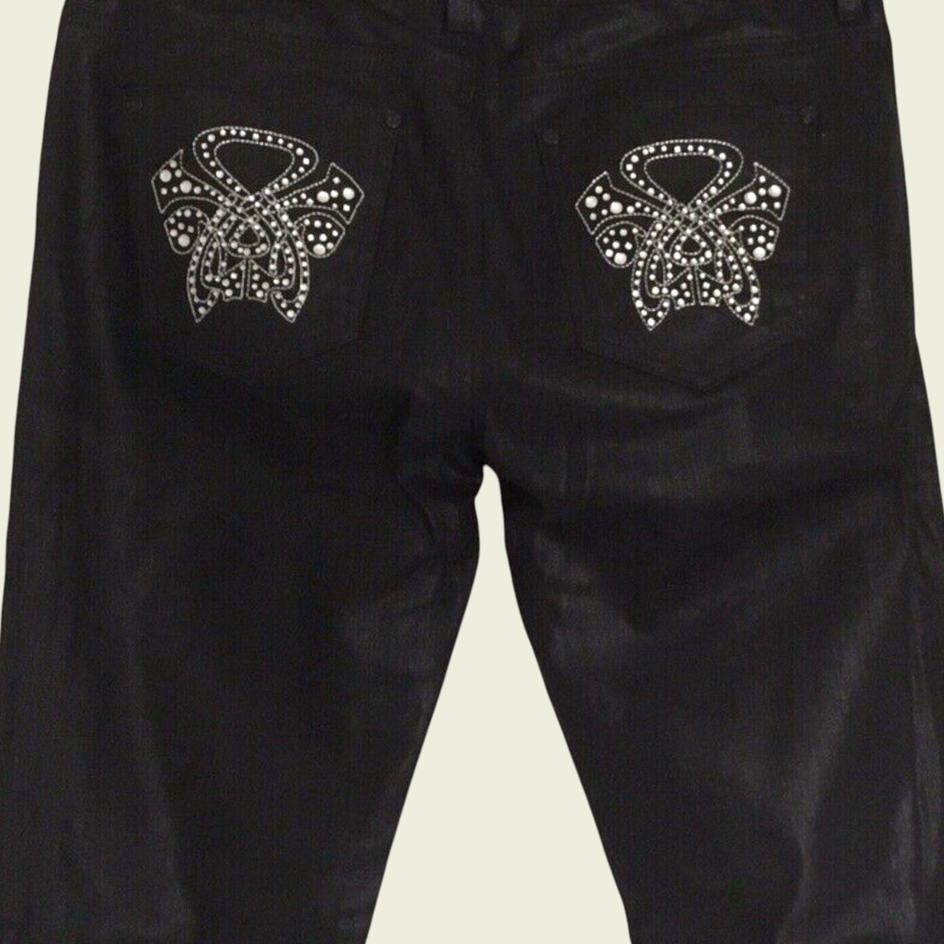 Rhinestone pockets on black jeans