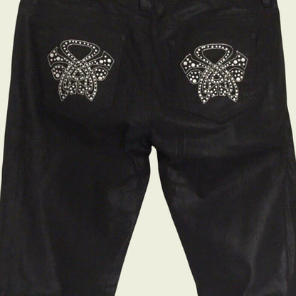 Rhinestone pockets on black jeans
