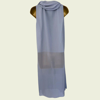 Light blue sleeveless dress with a gray panel on a mannequin against a beige background