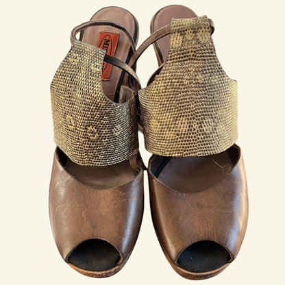 Missoni Womens Brown Leather & Gold Snakeskin Block Heel Sandals UK 7 US 9 EU 40 - Timelessfashions