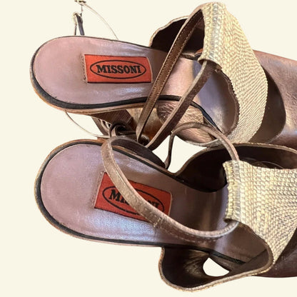 Missoni Womens Brown Leather & Gold Snakeskin Block Heel Sandals UK 7 US 9 EU 40 - Timelessfashions