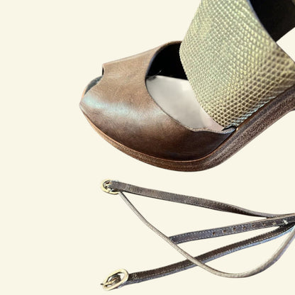 Missoni Womens Brown Leather & Gold Snakeskin Block Heel Sandals UK 7 US 9 EU 40 - Timelessfashions