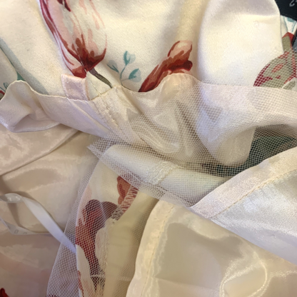 Close-up of a floral dress with a sheer overlay