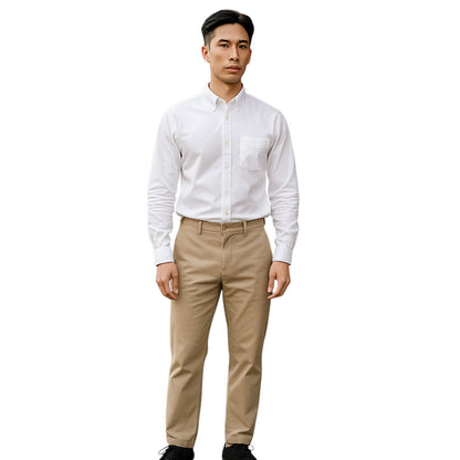 Man wearing a white dress shirt and beige pants on a white background