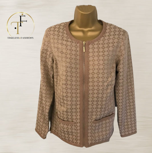 Artigiano Womens Mocha Collarless Patterned Zip Jacket UK 10 US 6 EU 38 Timeless Fashions