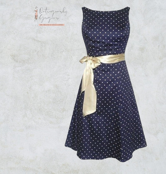 Kaliko Navy Blue Polka Dot 1950's Style Dress UK 8 US 4 EU 36 Timeless Fashions