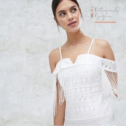 C By Cubic White Off The Shoulder Tassel Summer Dress UK 10 US 6 EU 38 Timeless Fashions