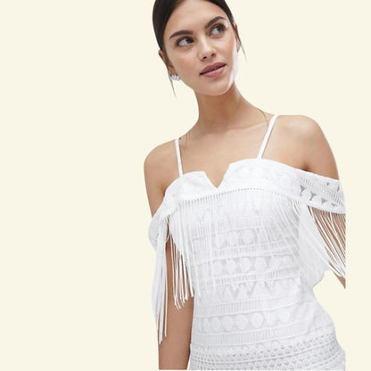 C By Cubic White Off The Shoulder Tassel Summer Dress UK 10 US 6 EU 38 - Timelessfashions