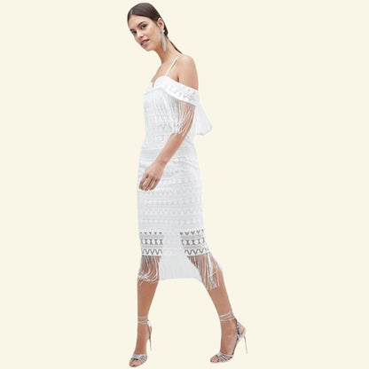 C By Cubic White Off The Shoulder Tassel Summer Dress UK 10 US 6 EU 38 - Timelessfashions