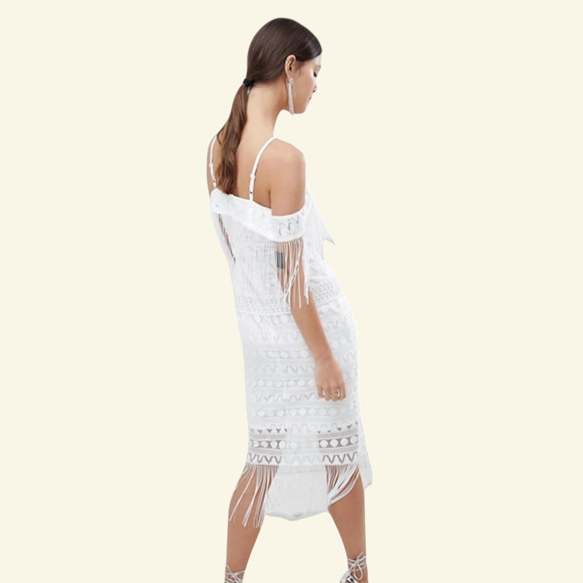 C By Cubic White Off The Shoulder Tassel Summer Dress UK 10 US 6 EU 38 - Timelessfashions