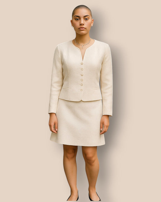 Woman wearing a cream-colored suit against a plain background