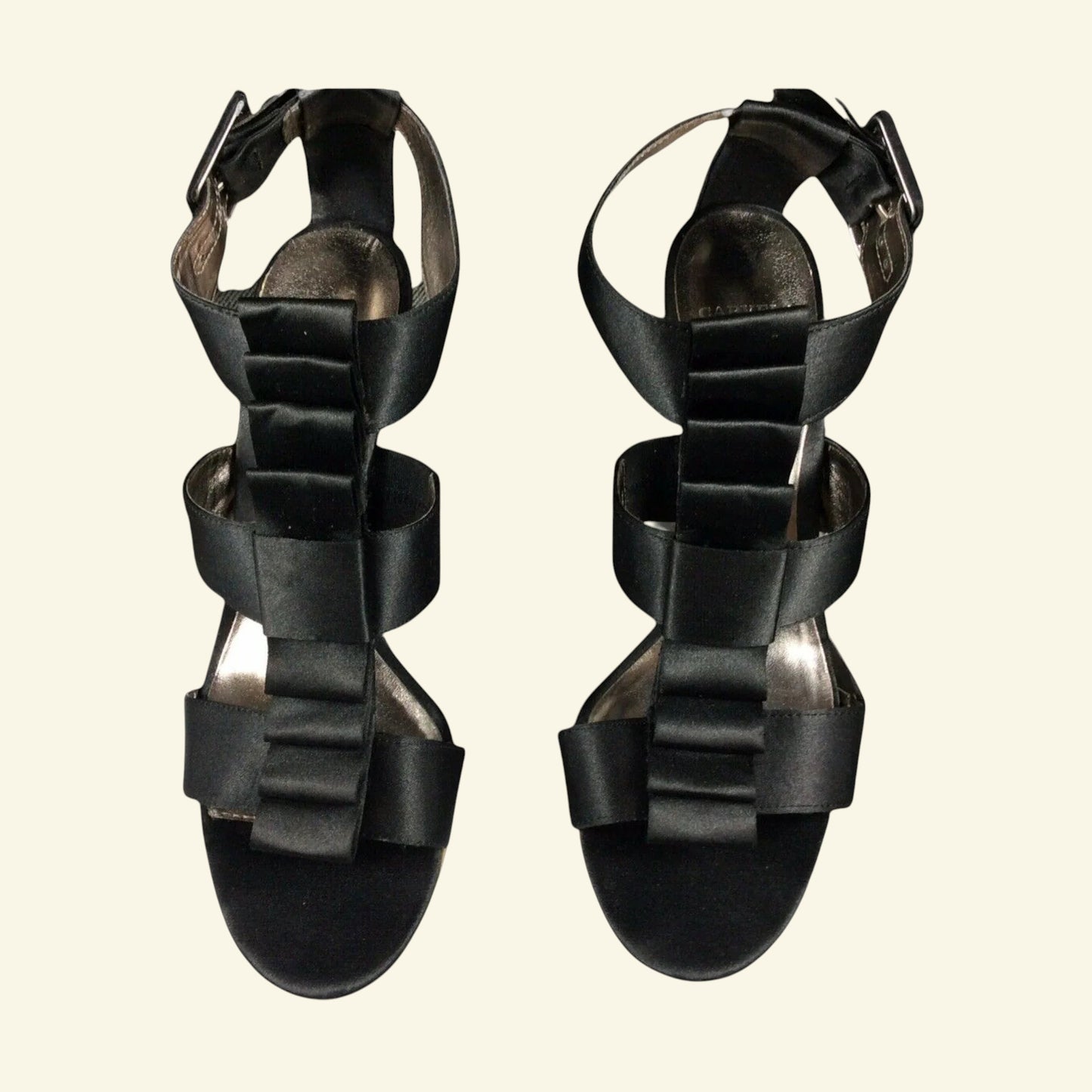 Carvela Black Satin Ruffle Peep-toe Gold Stiletto Shoes UK 7 - Timelessfashions