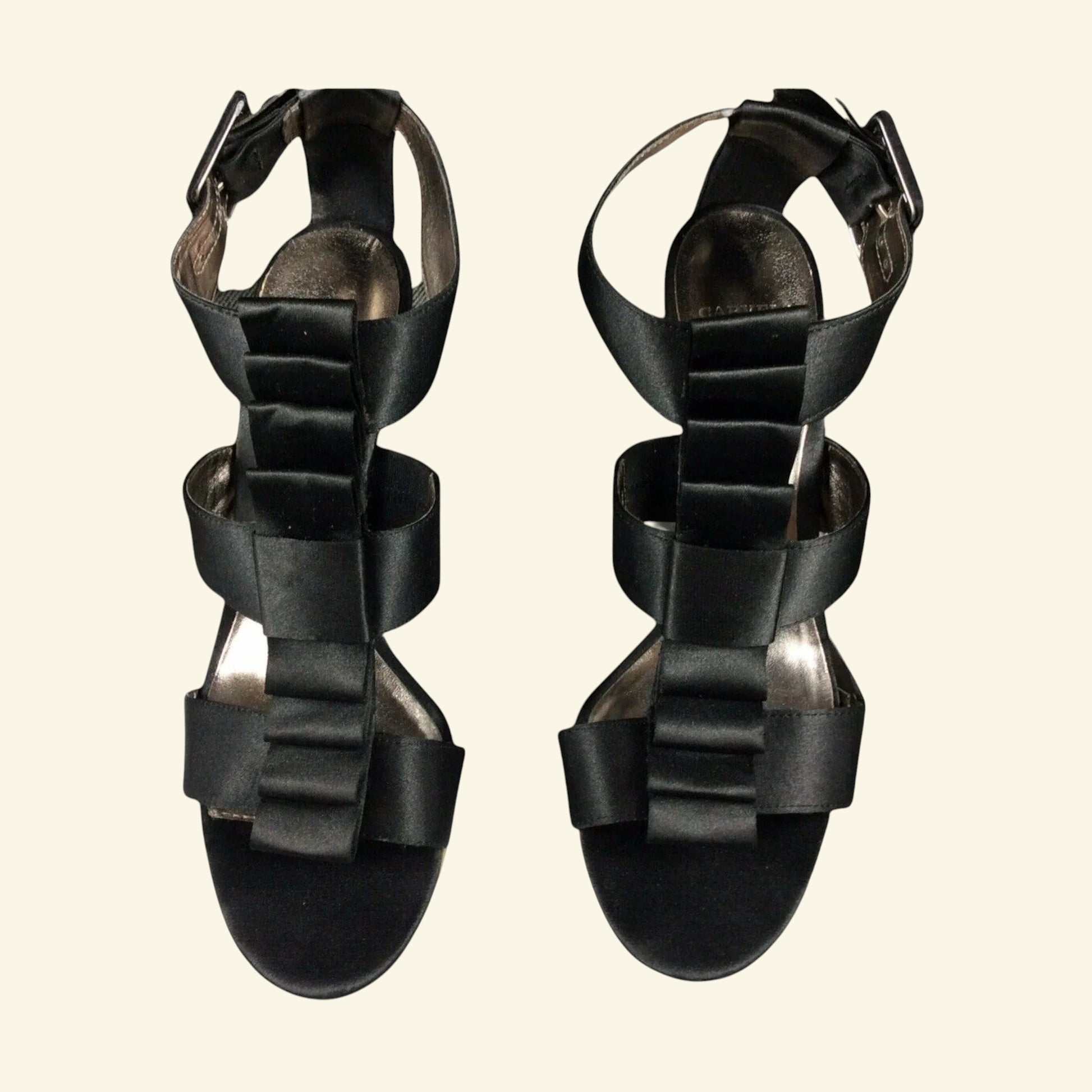 Carvela Black Satin Ruffle Peep-toe Gold Stiletto Shoes UK 7 - Timelessfashions