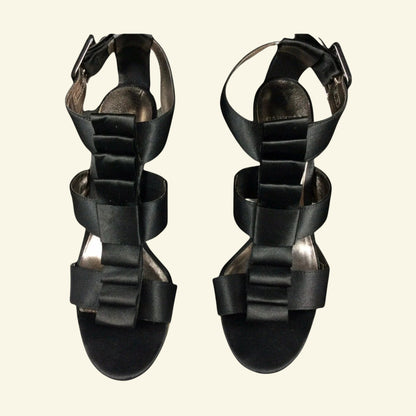 Carvela Black Satin Ruffle Peep-toe Gold Stiletto Shoes UK 7 - Timelessfashions