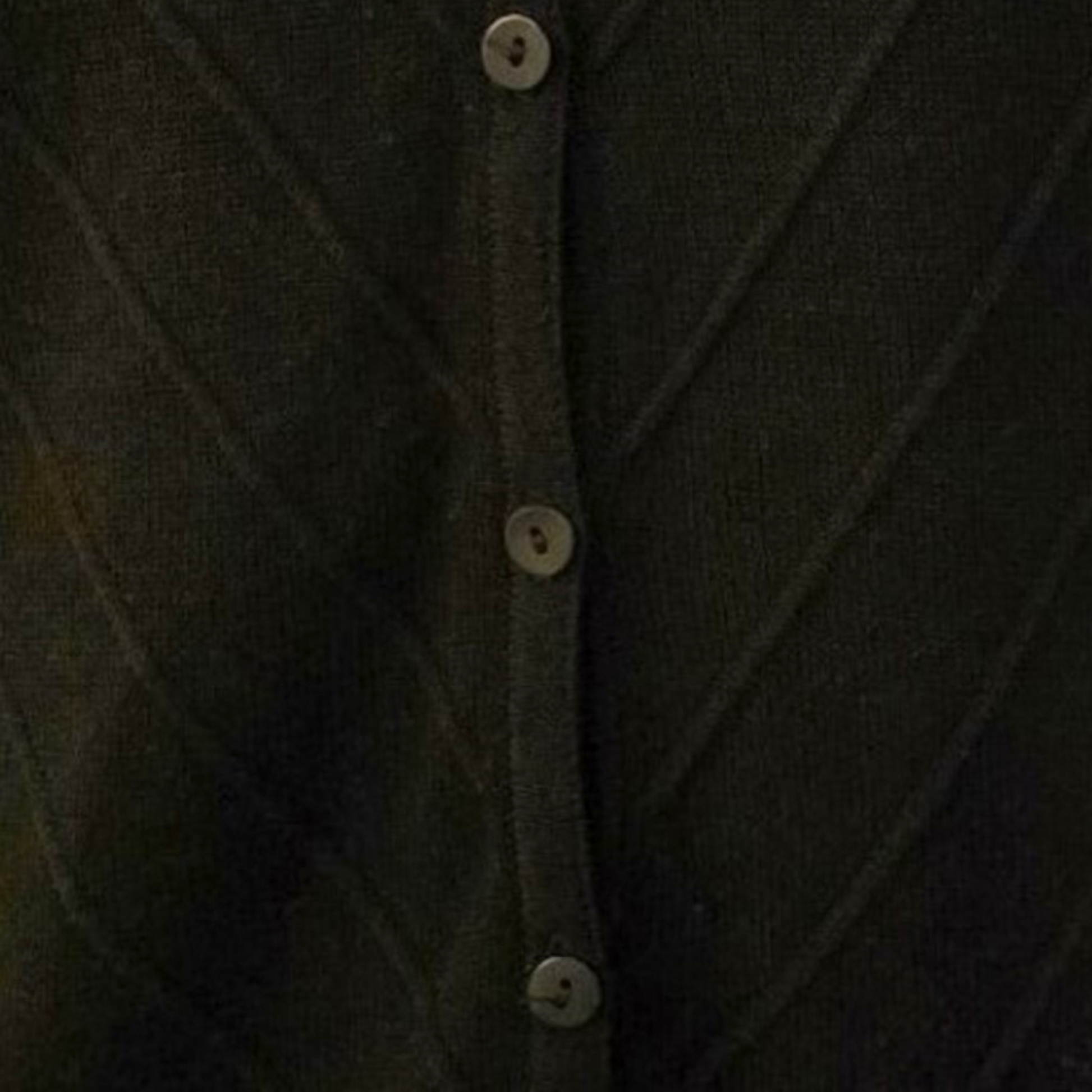 Close-up of a black cardigan with buttons on a plain background