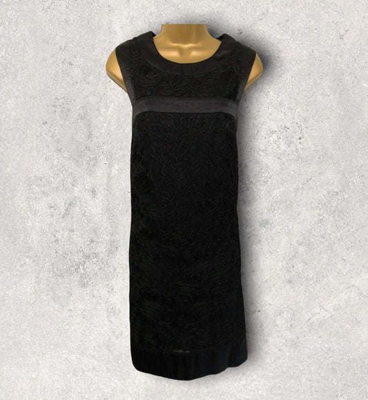 French Connection Black Satin & Tapework Sleeveless Shift Dress UK 8 Timeless Fashions