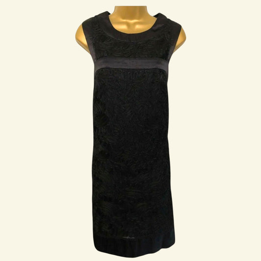French Connection Black Satin & Tapework Sleeveless Shift Dress UK 8 - Timelessfashions