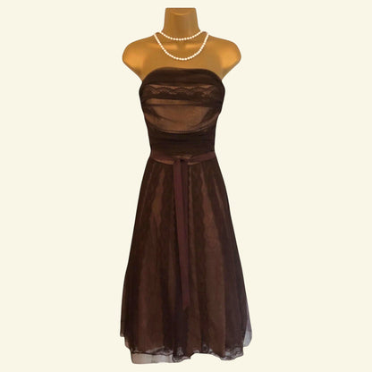 BCBG MAXAZRIA Brown Tulle Fit & Flare Strapless Cocktail Dress UK 10 US 6 EU 38 - Timelessfashions
