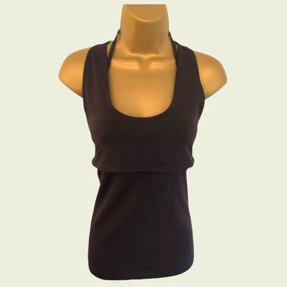 Dark brown tank top on a mannequin against a beige background