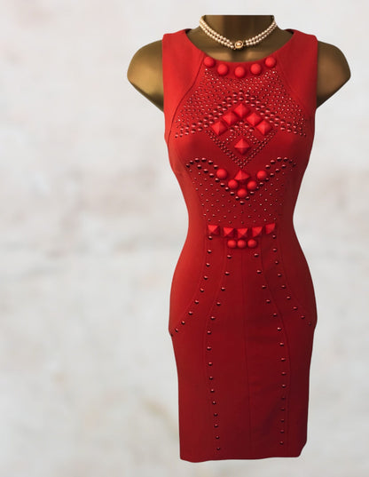 Tenax Red Studded Bodycon Sleeveless Dress UK 8 US 4 EU 36 IT 40 RRP £230.00 Timeless Fashions