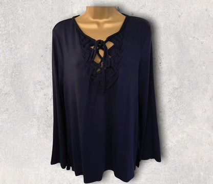 Max Studio Navy Jersey Tie Neck Long Sleeve Top Size L UK 12 US 8 EU 40 Timeless Fashions
