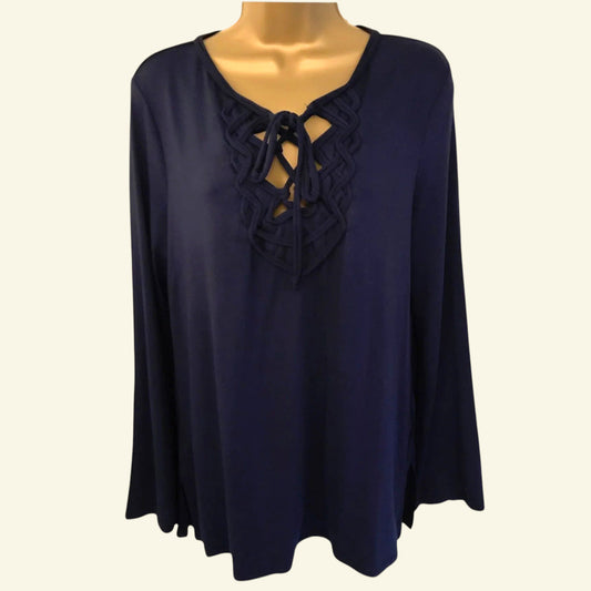 Max Studio Navy Jersey Tie Neck Long Sleeve Top Size L UK 12 US 8 EU 40 - Timelessfashions
