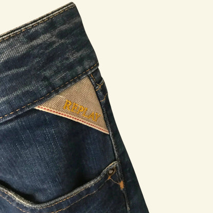 REPLAY Ladies Blue Jeans Gem Pockets Button Fly Low Rise W30" L34" - Timelessfashions