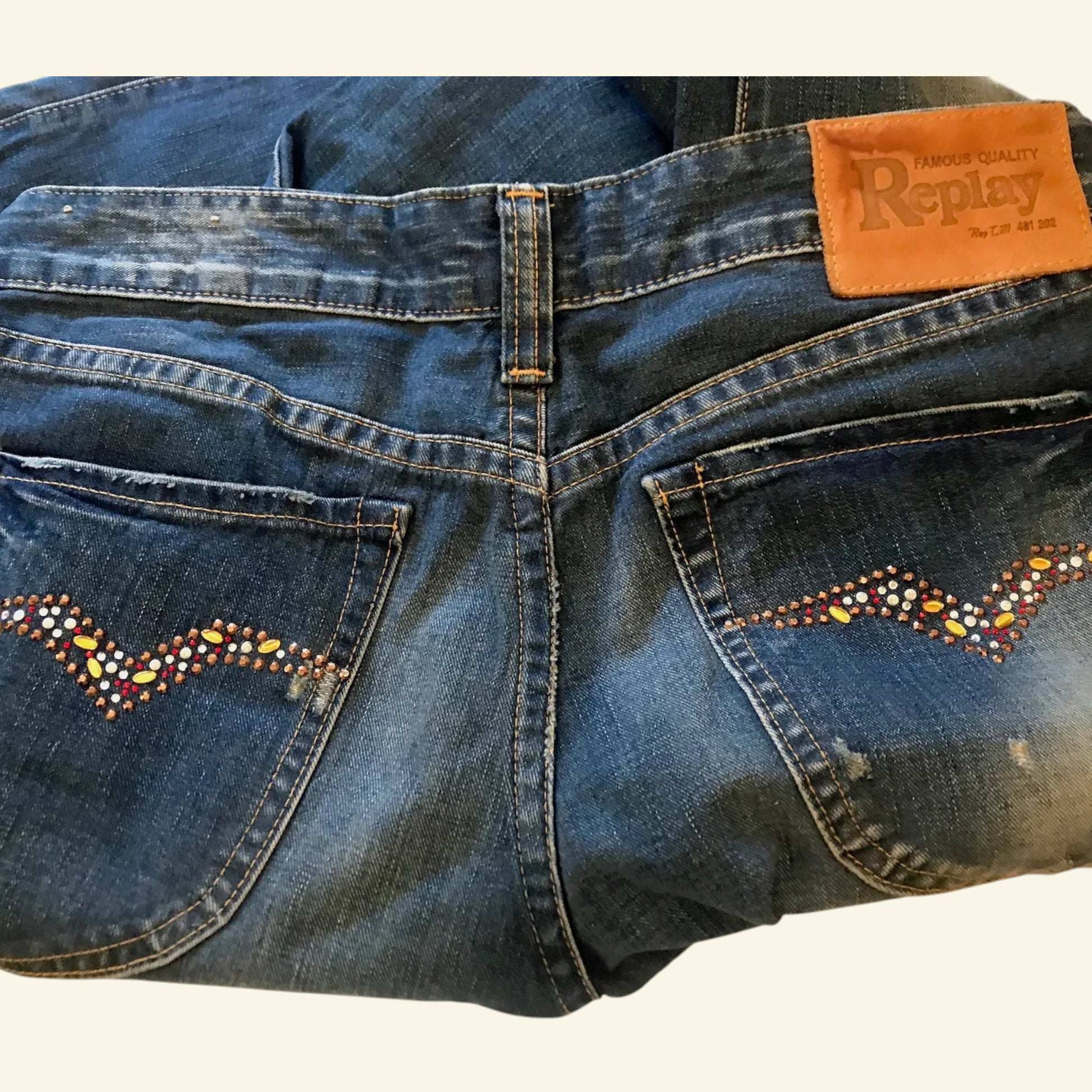 REPLAY Ladies Blue Jeans Gem Pockets Button Fly Low Rise W30" L34" - Timelessfashions