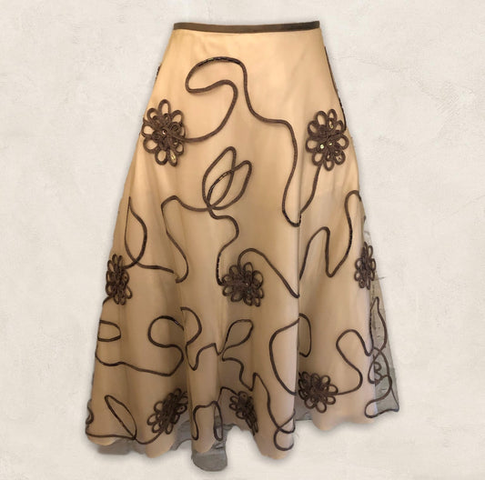 Monsoon Cream & Taupe Mesh Tapework Flared Skirt UK 12 US 8 EU 40 Timeless Fashions