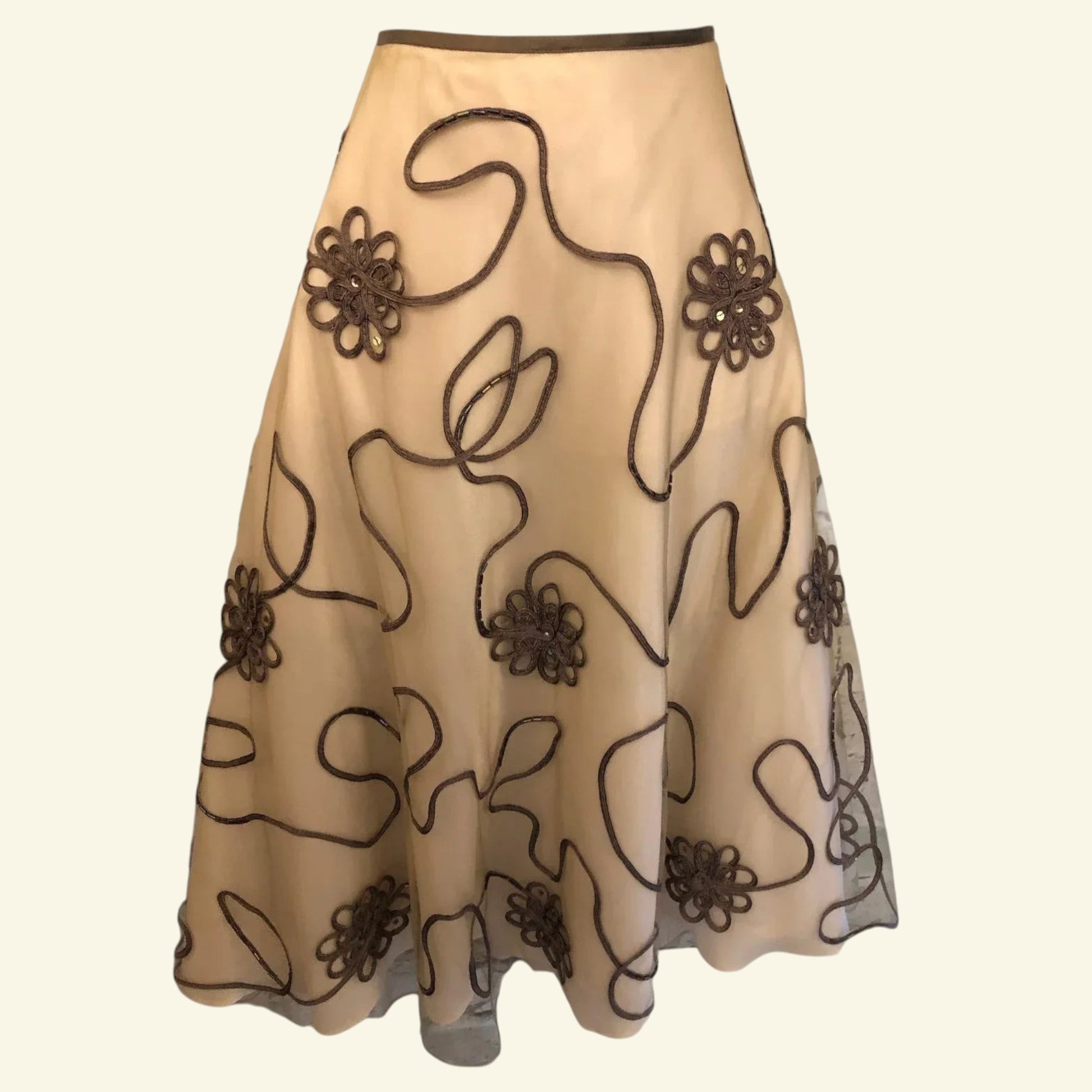 Monsoon Cream & Taupe Mesh Tapework Flared Skirt UK 12 US 8 EU 40 - Timelessfashions
