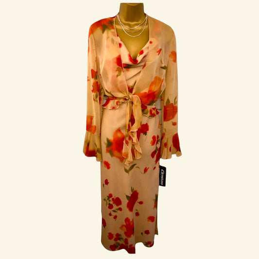 Chrystiano Beige & Red Floral Special Occasion Outfit UK 12 US 8 EU 40 - Timelessfashions