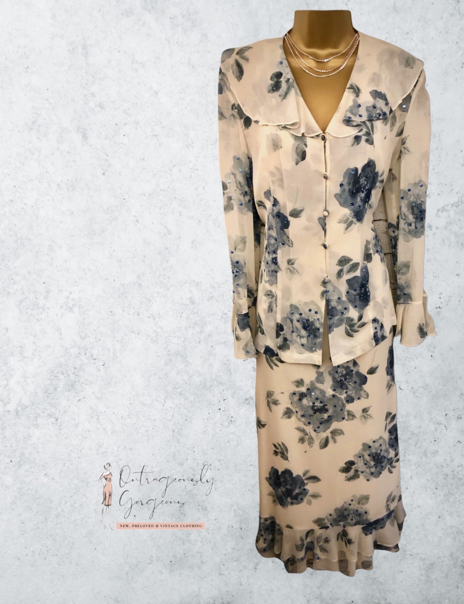 Latte Ivory & Blue Floral Special Occasion Outfit UK 12 US 8 EU 40 BNWT Timeless Fashions