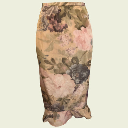 Floral patterned pencil skirt on a beige background