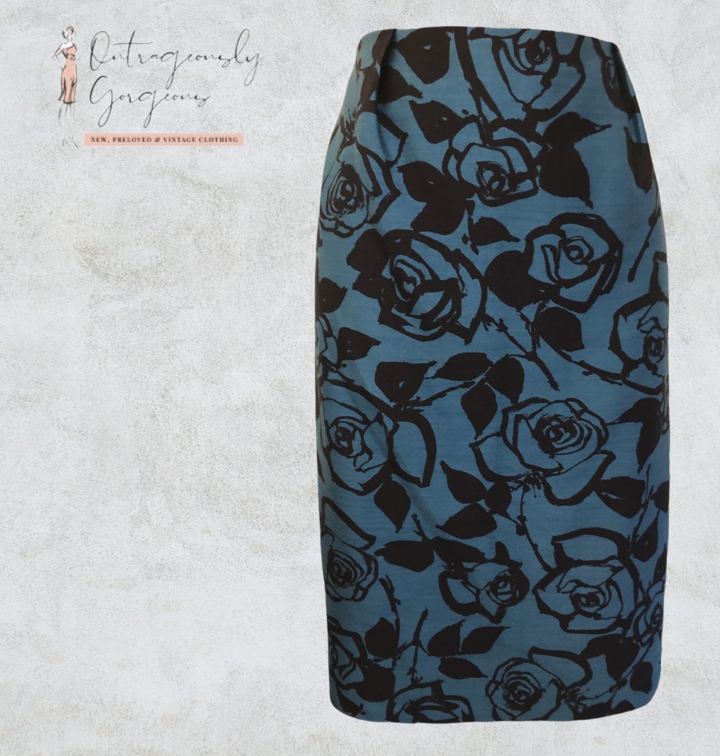 L.K. Bennett Teal & Black Floral Print Wool & Silk Skirt UK 8 US 4 EU 36 Timeless Fashions