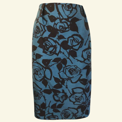 L.K. Bennett Teal & Black Floral Print Wool & Silk Skirt UK 8 US 4 EU 36 - Timelessfashions
