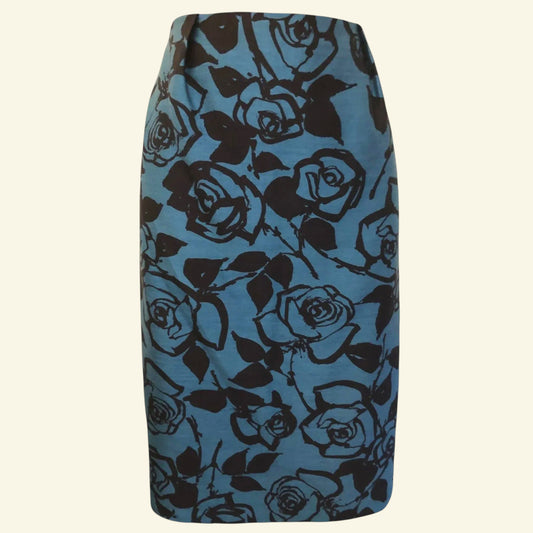 L.K. Bennett Teal & Black Floral Print Wool & Silk Skirt UK 8 US 4 EU 36 - Timelessfashions