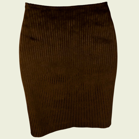 Brown ribbed knit pencil skirt on a beige background