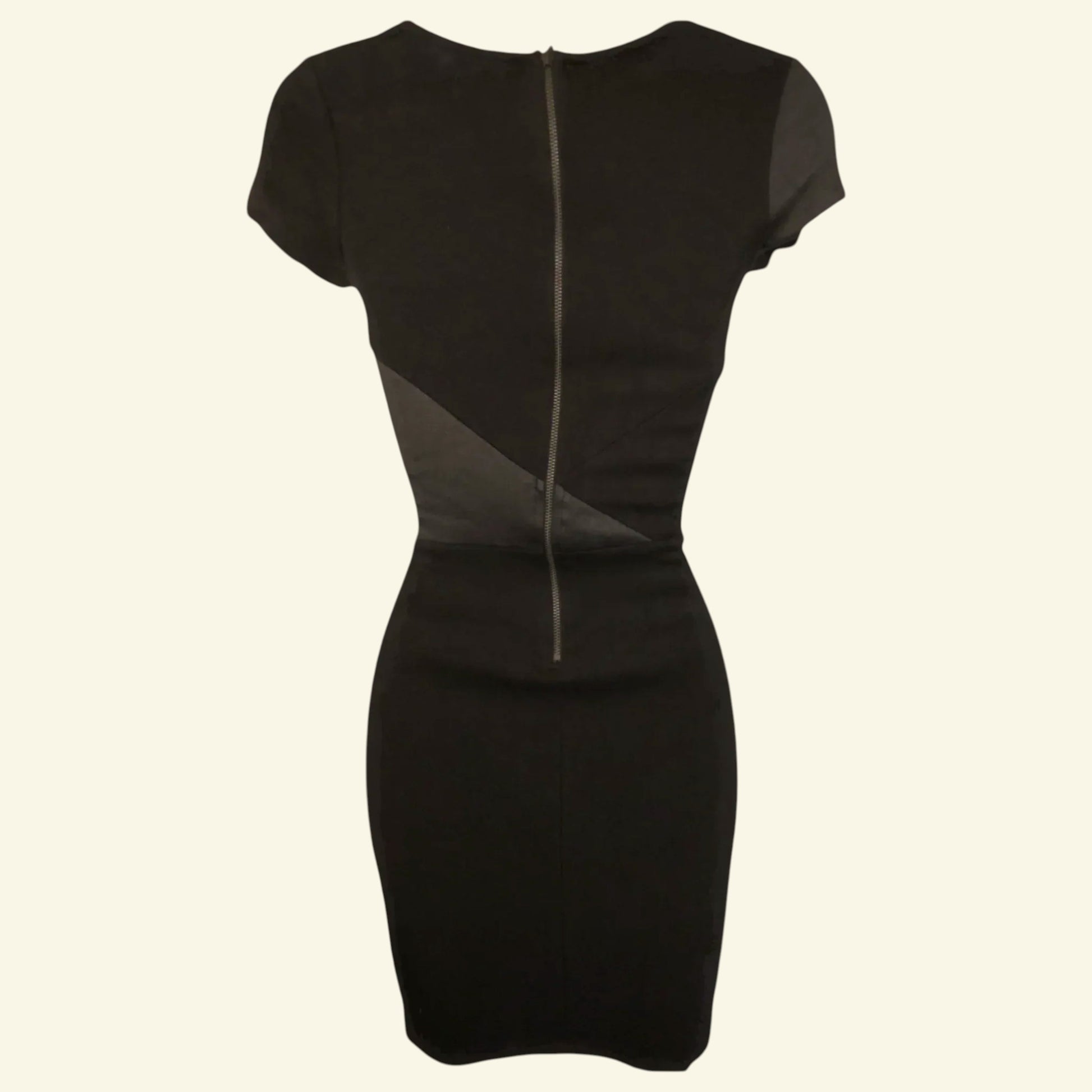 Black dress with a zipper detail on a white background