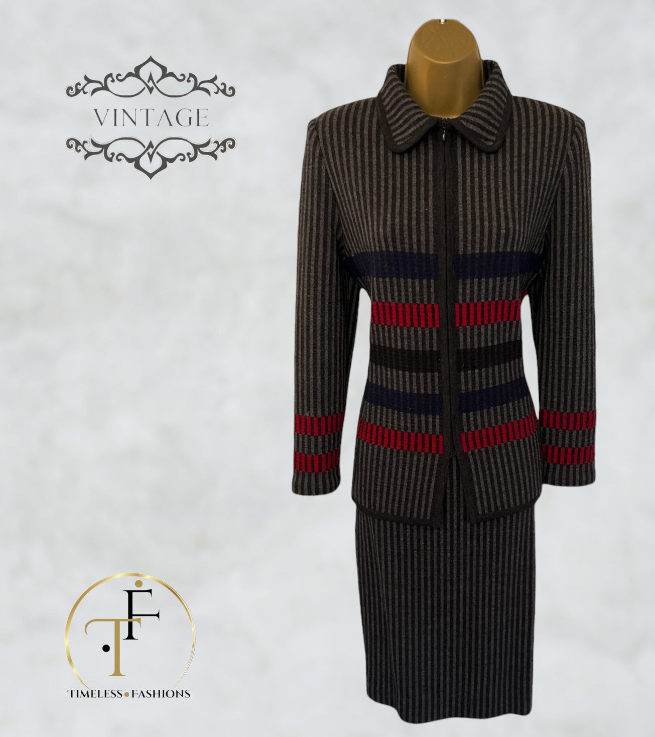 Avagolf Womens Vintage Grey Wool Striped 1960's Skirt Suit UK 10 US 6 EU 38 IT 42 Timeless Fashions