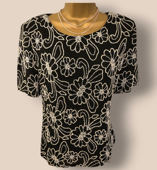 Gina Bacconi Vintage 80's Silk Beaded Black Evening Top UK 12 US 8 EU 40 Timeless Fashions