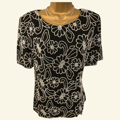 Gina Bacconi Vintage 80's Silk Beaded Black Evening Top UK 12 US 8 EU 40 - Timelessfashions