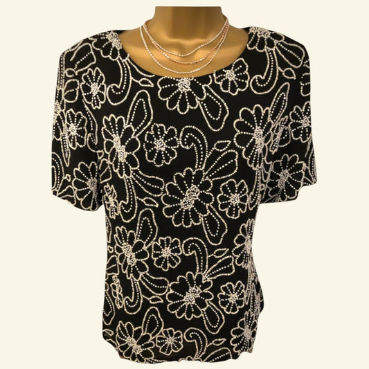 Gina Bacconi Vintage 80's Silk Beaded Black Evening Top UK 12 US 8 EU 40 - Timelessfashions